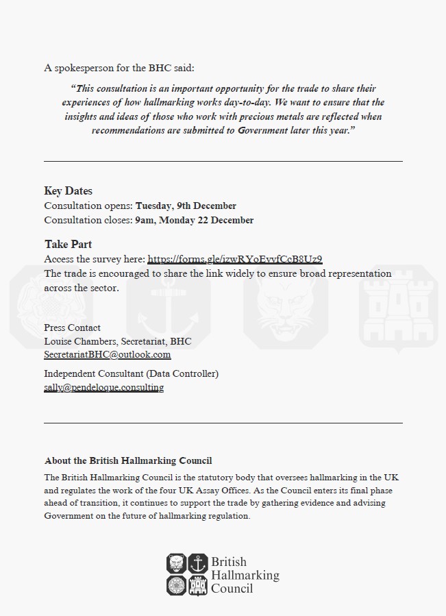 Sheffield Assay Office - BHC launches Hallmarking Act Survey