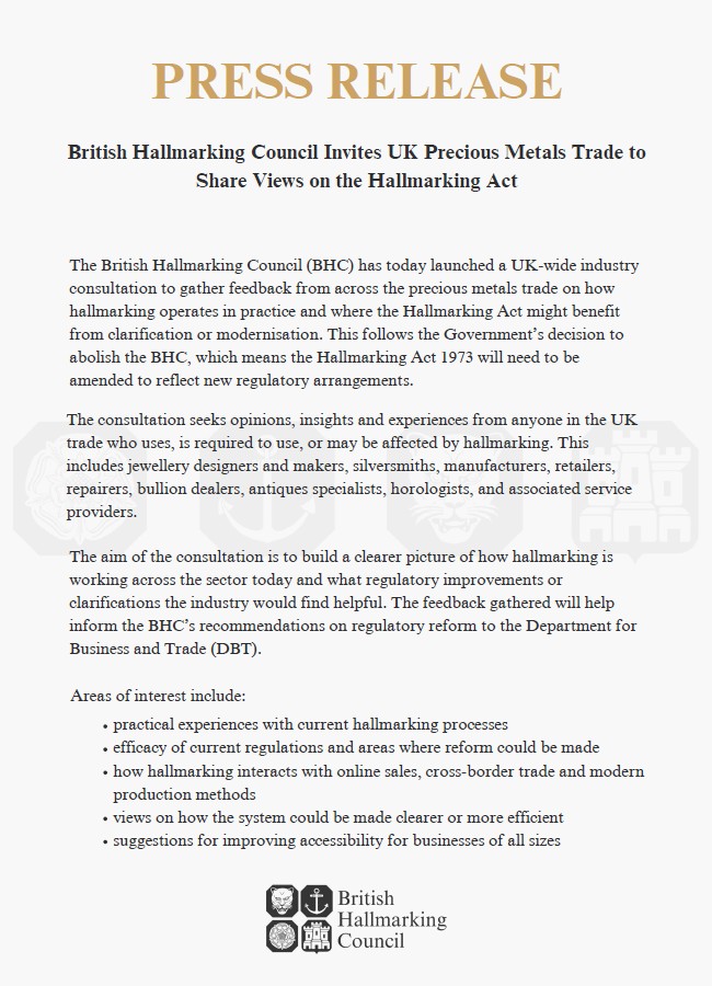 Sheffield Assay Office - BHC Launches Hallmarking Act Review Survey