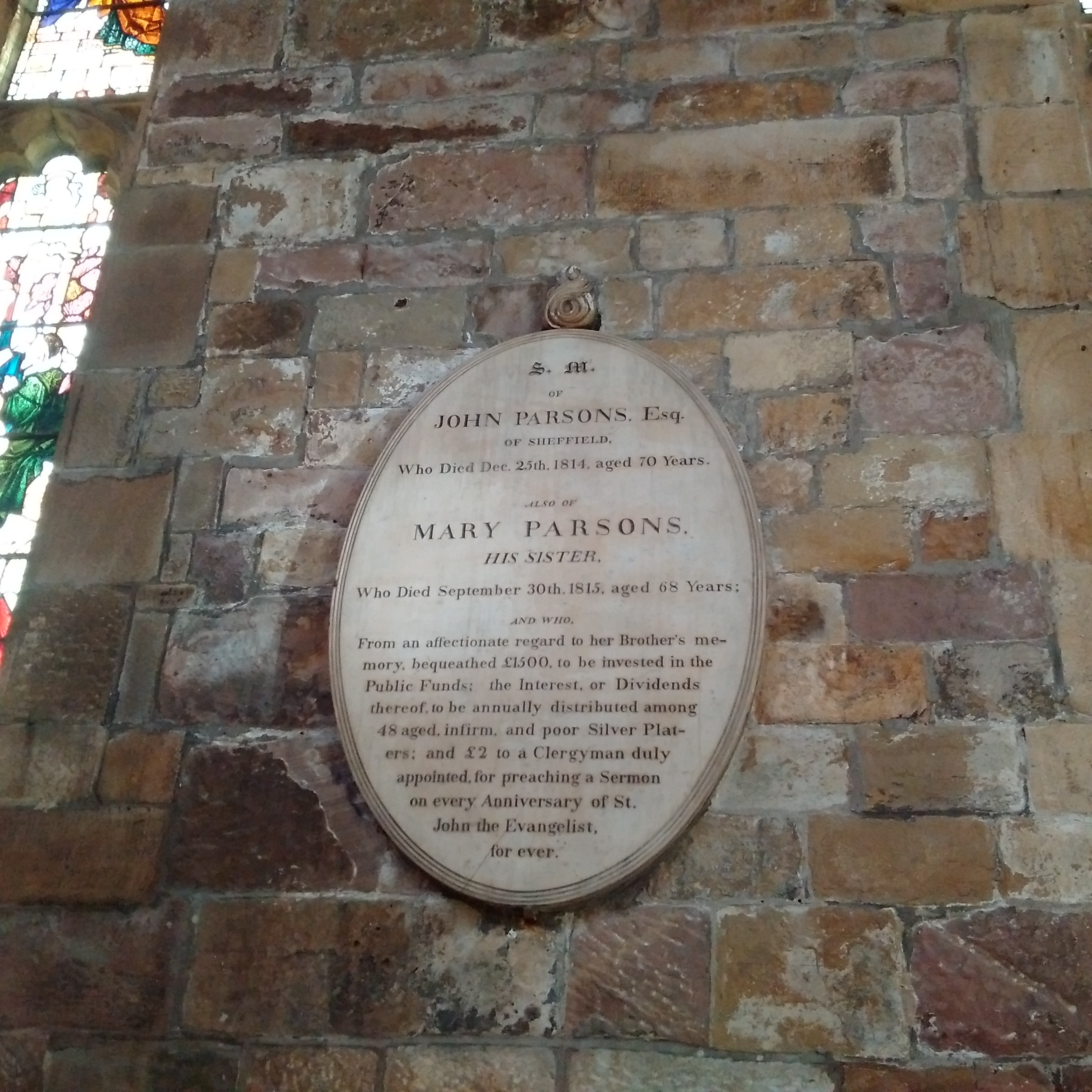 Mary Parsons Plaque at Sheffield Cathedral